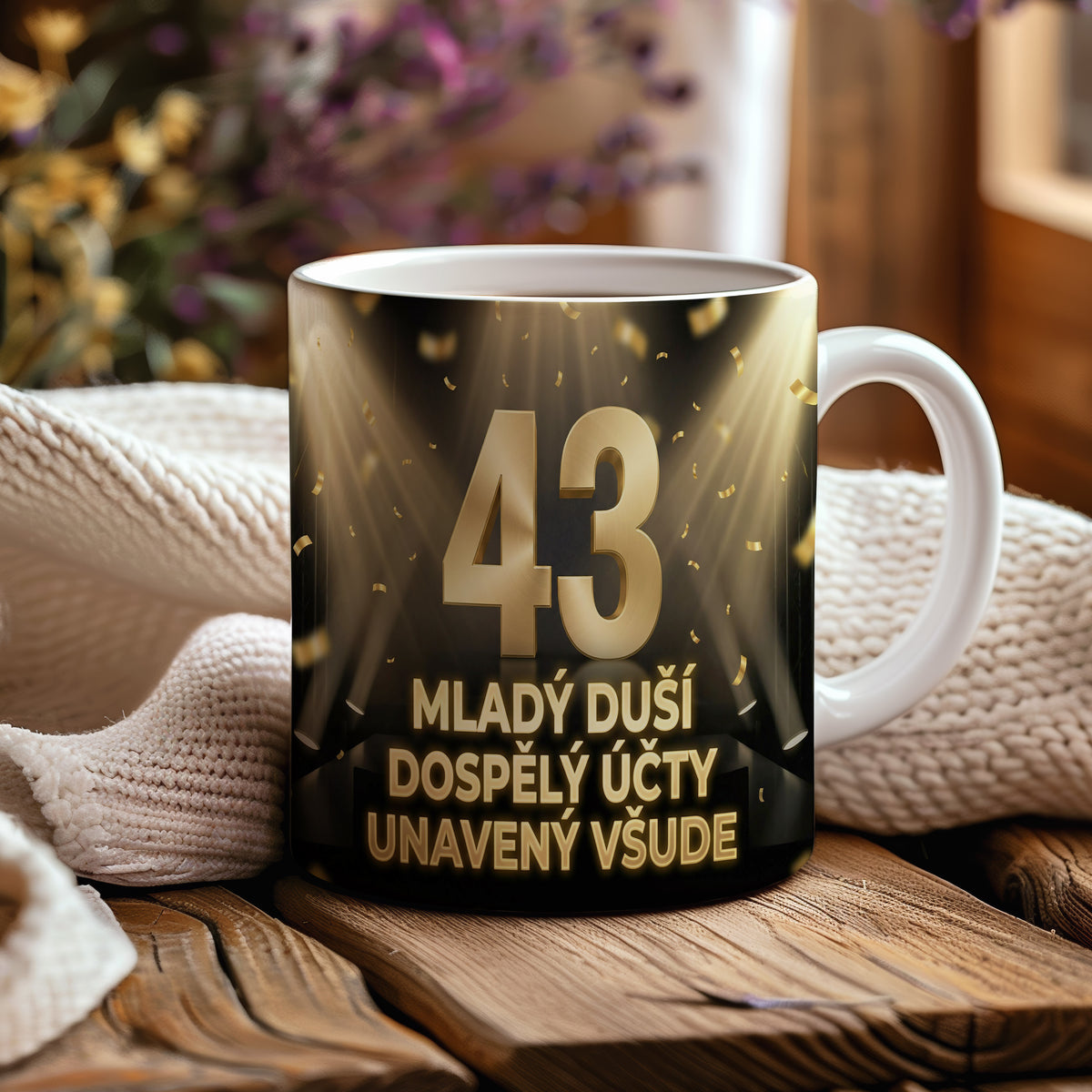 Narozeninový hrnek 43 let – MLADÝ DUŠÍ DOSPĚLÝ ÚČTY UNAVENÝ VŠUDE