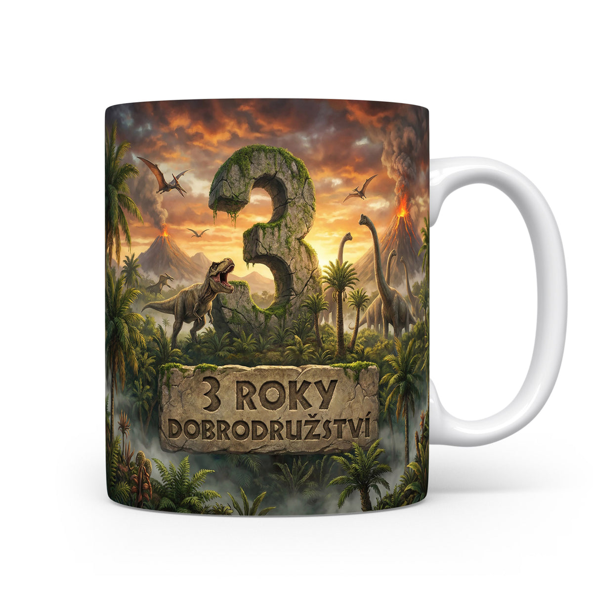 Hrnček s motivem dinosaurů a nápisem 3 roky dobrodružství
