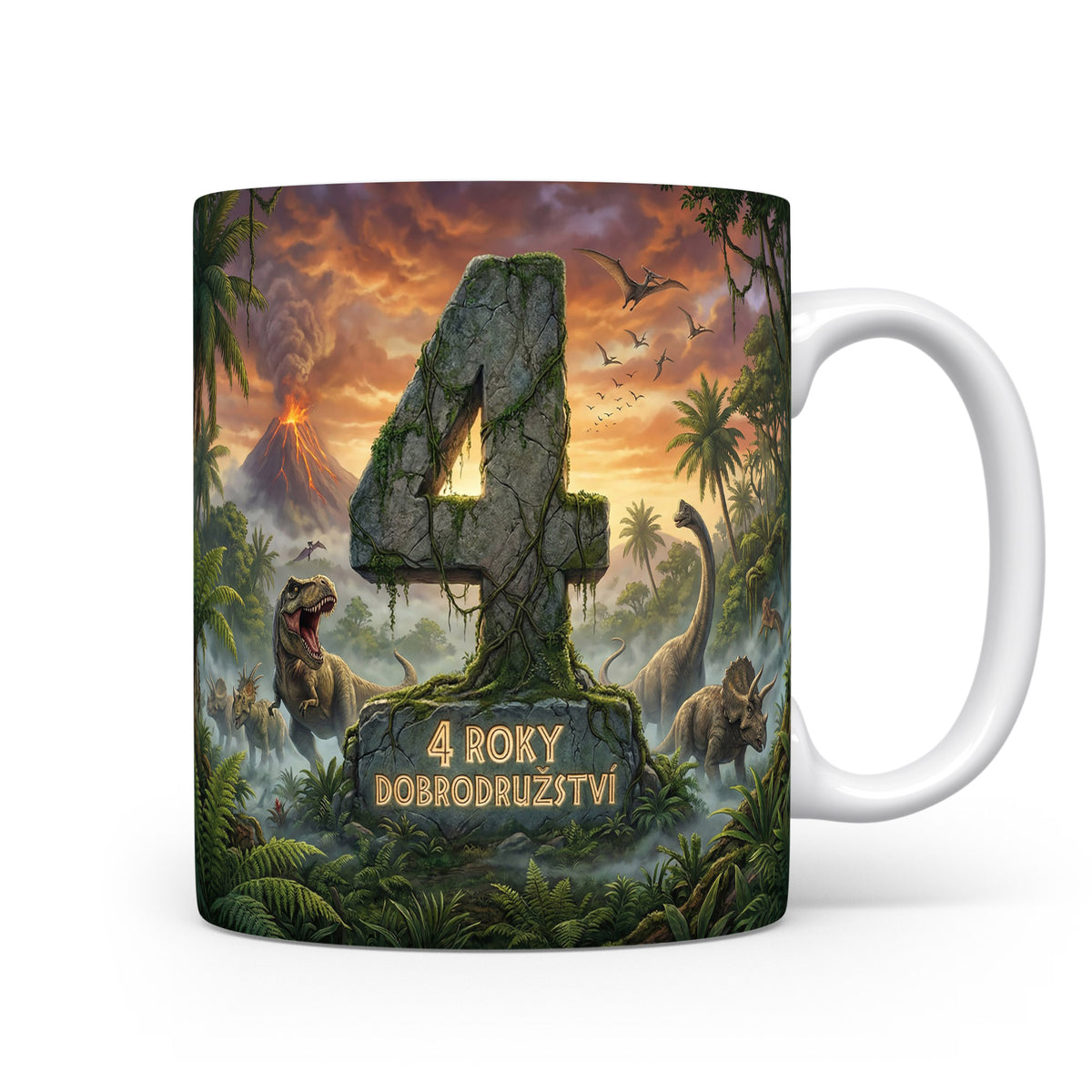 Hrnček s číslem 4 a dinosaury