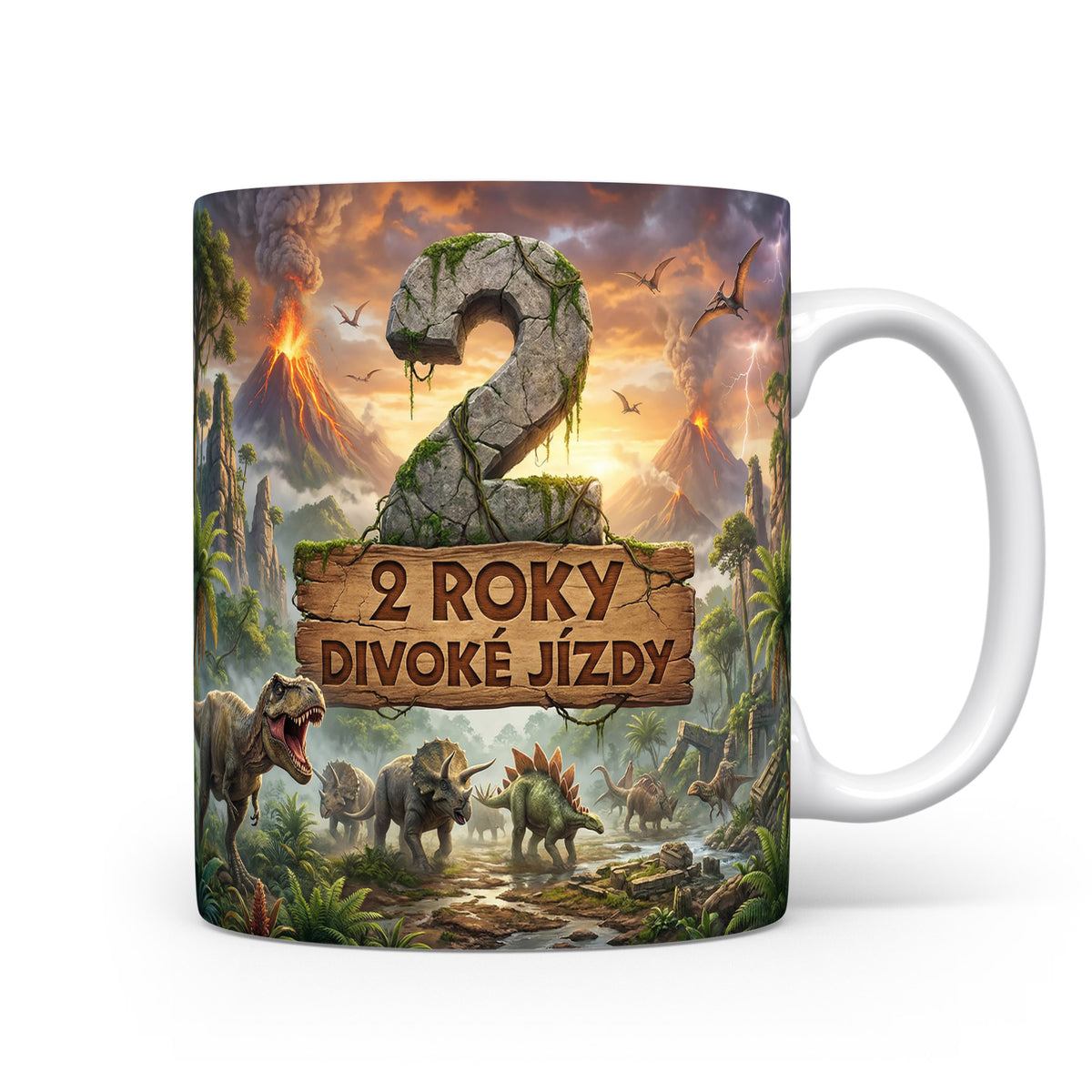 Hrnček s dinosaury a nápisem 2 roky divoké jízdy