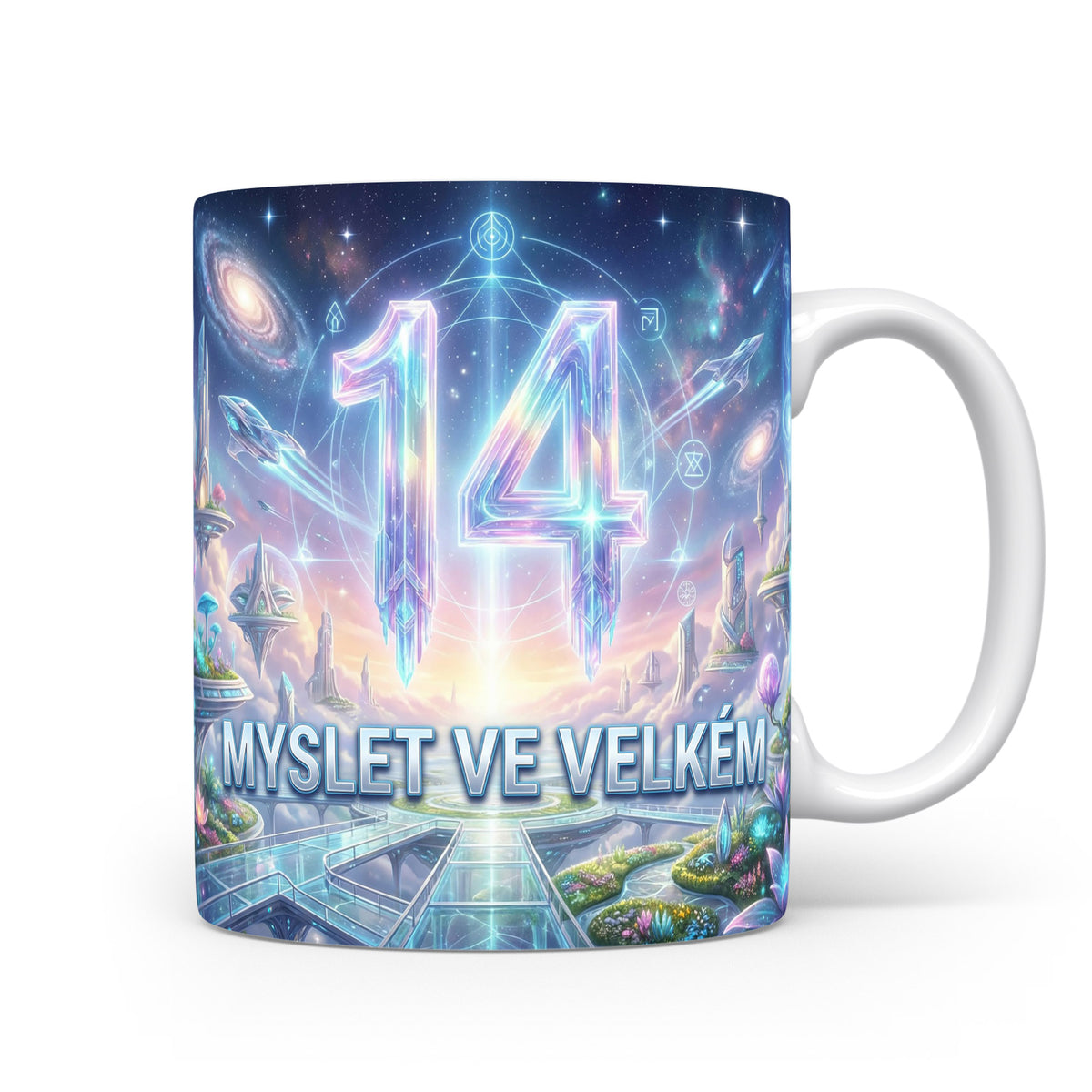 Hrnček s číslem 14 a nápisem MYSLET VE VELKÉM