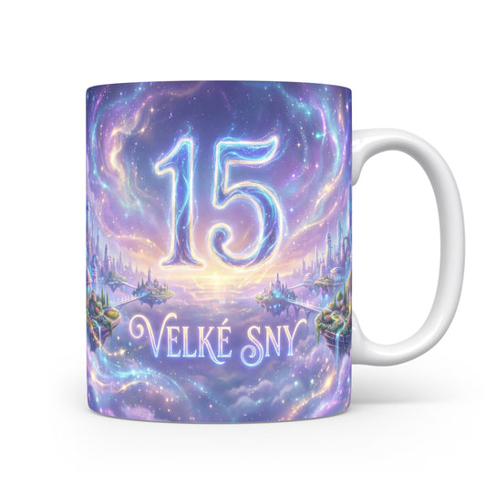 Hrnček s číslem 15 a nápisem VELKÉ SNY