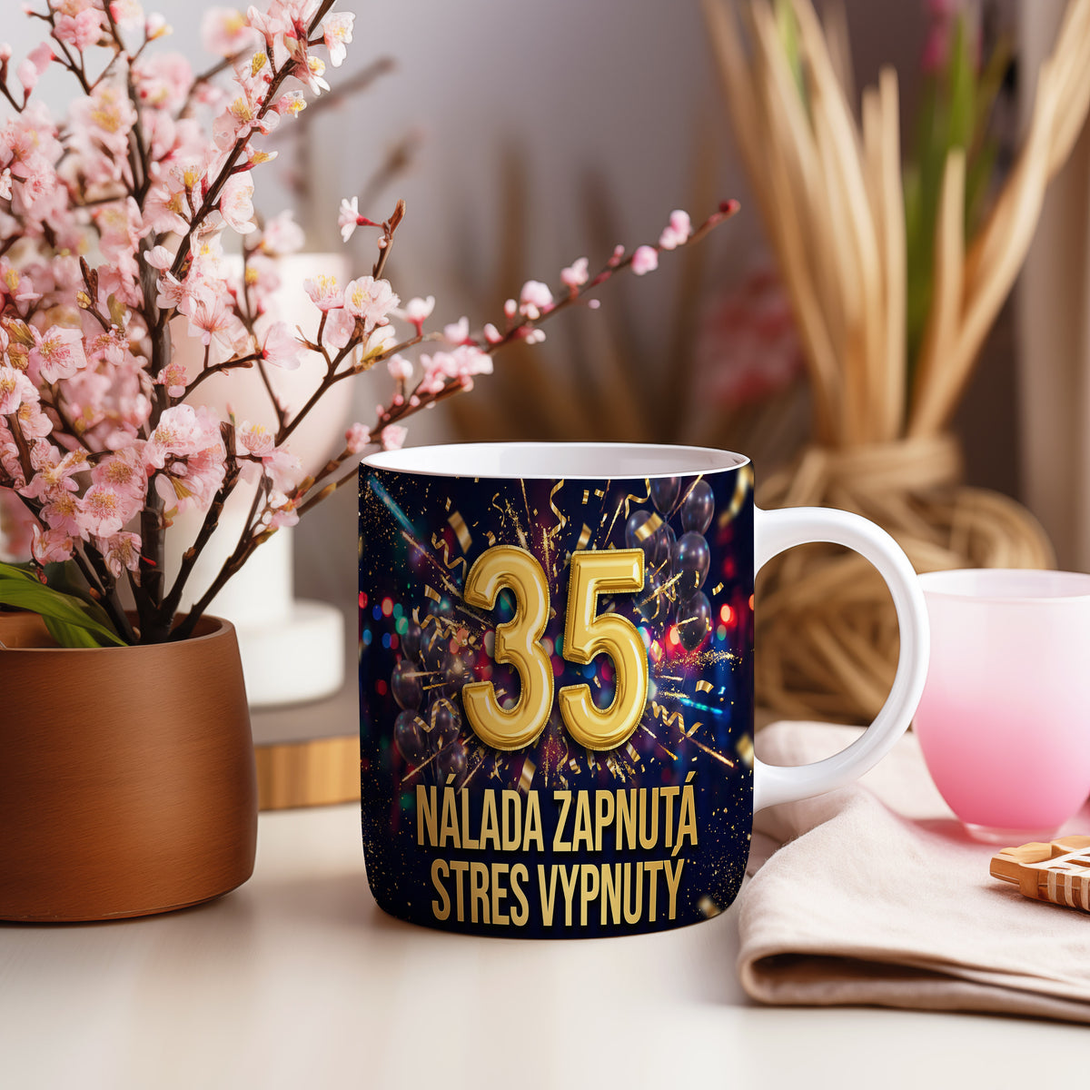 Narozeninový hrnek 35 let – NÁLADA ZAPNUTÁ STRES VYPNUTÝ