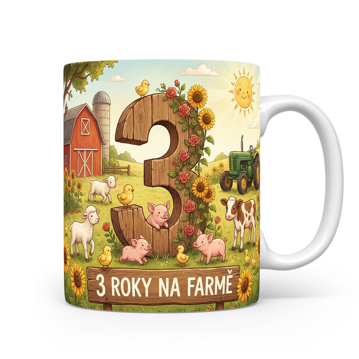 Hrnček s motivem farmy a číslem 3