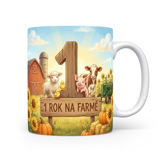 Hrnček s motivem farmy a číslem 1
