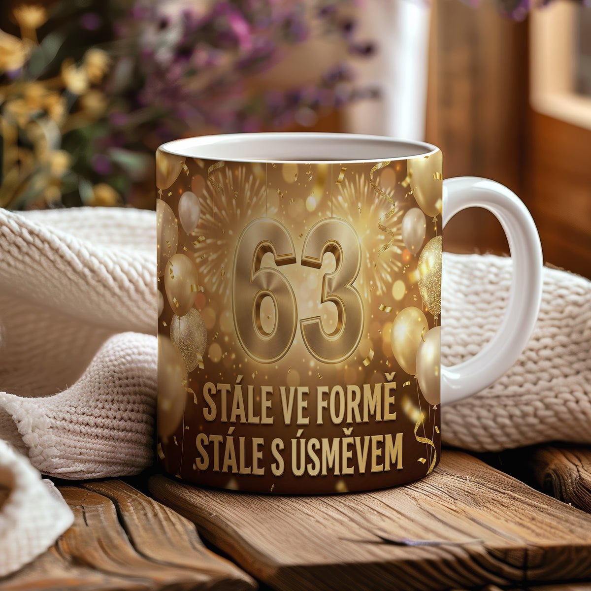 Narozeninový hrnek 63 let – STÁLE VE FORMĚ, STÁLE S ÚSMĚVEM