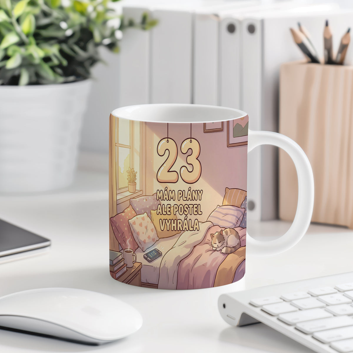 Narozeninový hrnek 23 let – MÁM PLÁNY ALE POSTEL VYHRÁLA