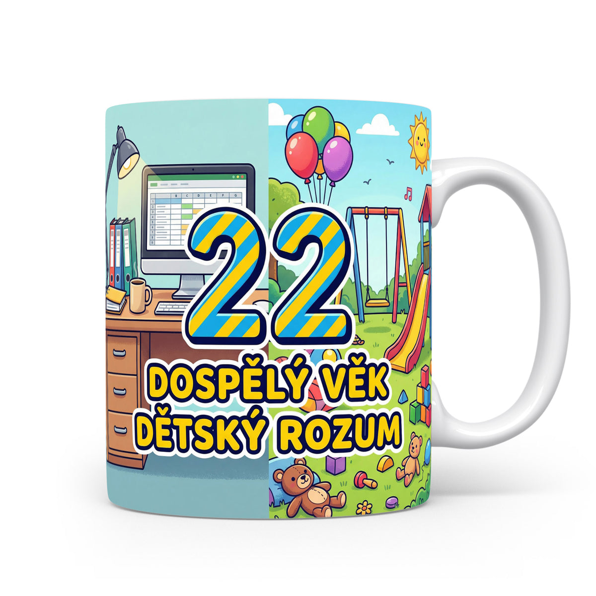 Hrnček s nápisem DOSPĚLÝ VĚK DĚTSKÝ ROZUM