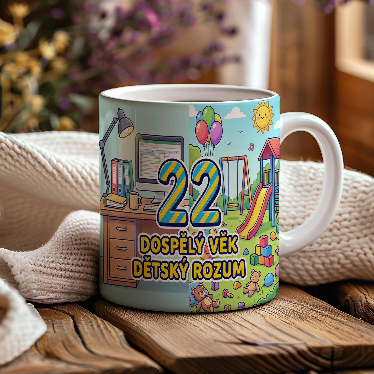 Narozeninový hrnek 22 let – DOSPĚLÝ VĚK DĚTSKÝ ROZUM