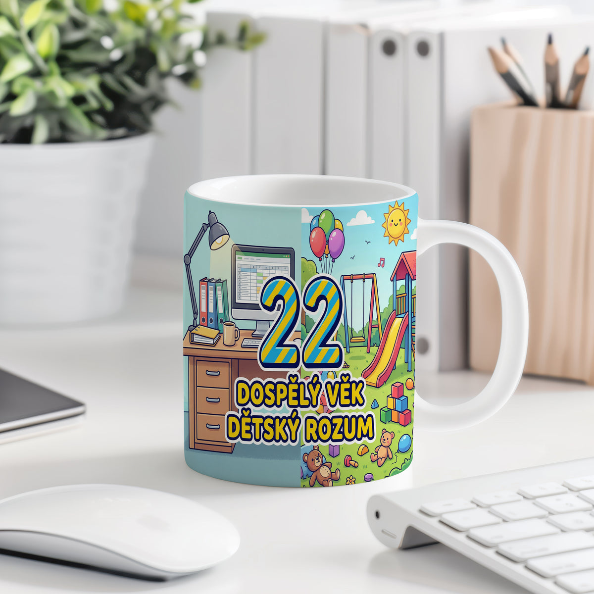 Narozeninový hrnek 22 let – DOSPĚLÝ VĚK DĚTSKÝ ROZUM