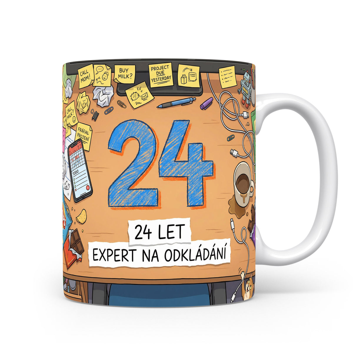 Hrnček s nápisem 24 LET EXPERT NA ODKLÁDÁNÍ