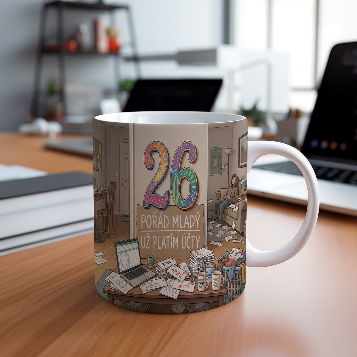 Narozeninový hrnek 26 let – POŘÁD MLADÝ UŽ PLATÍM ÚČTY
