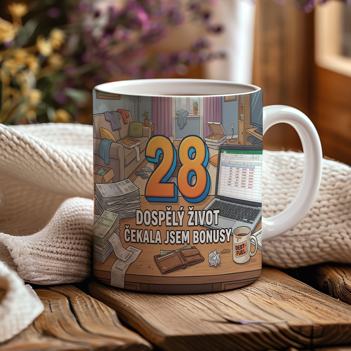 Narozeninový hrnek 28 let – DOSPĚLÝ ŽIVOT ČEKALA JSEM BONUSY