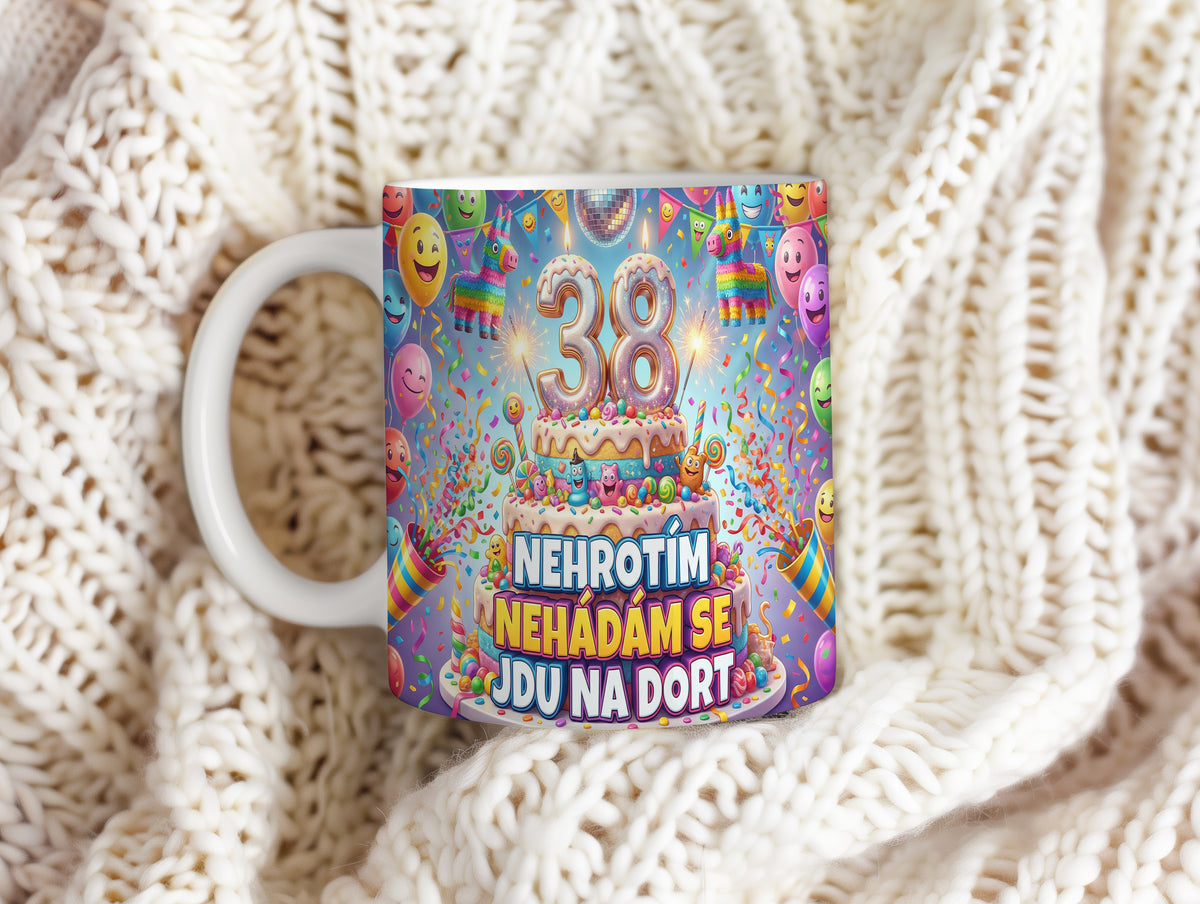 Narozeninový hrnek 38 let – NEHROTÍM NEHÁDÁM SE JDU NA DORT