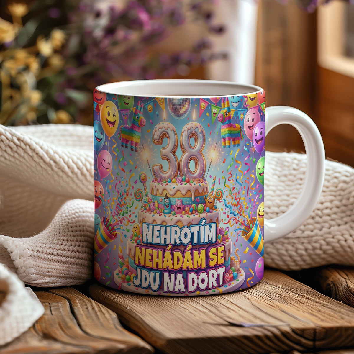 Narozeninový hrnek 38 let – NEHROTÍM NEHÁDÁM SE JDU NA DORT