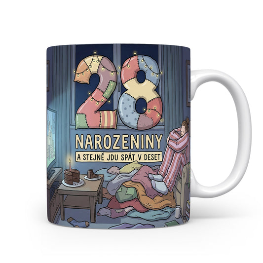 Narozeninový hrnek s číslem 28 a vtipným textem