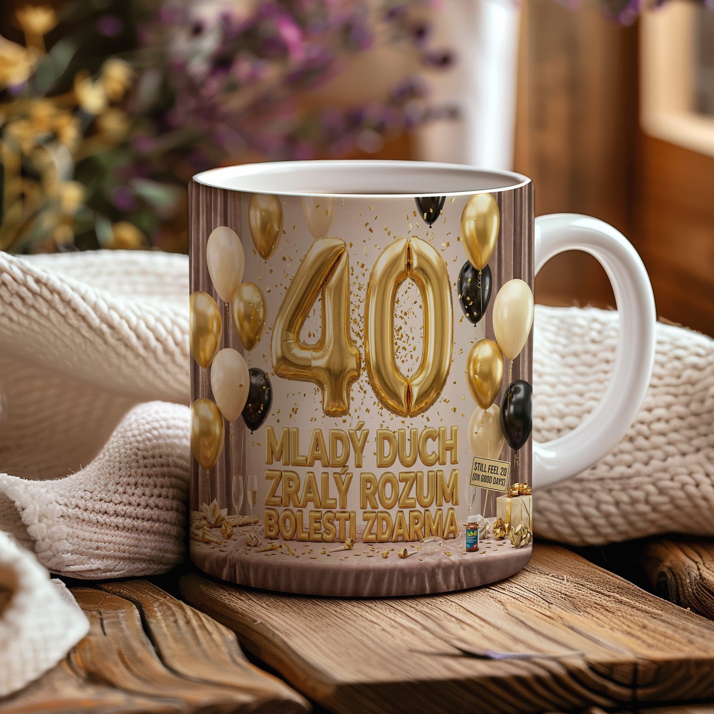Narozeninový hrnek 40 let – MLADÝ DUCH ZRALÝ ROZUM BOLESTI ZDARMA