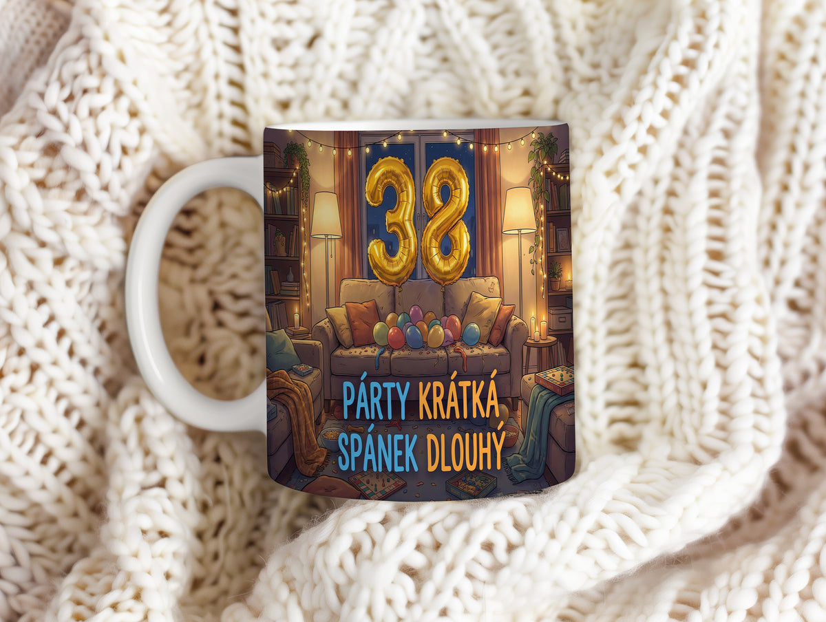 Narozeninový hrnek 38 let – PÁRTY KRÁTKÁ, SPÁNEK DLOUHÝ