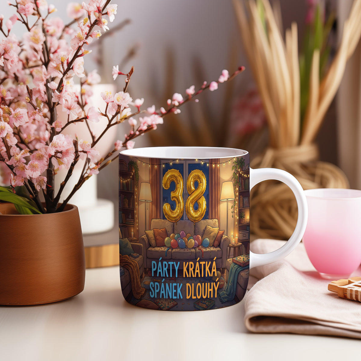 Narozeninový hrnek 38 let – PÁRTY KRÁTKÁ, SPÁNEK DLOUHÝ