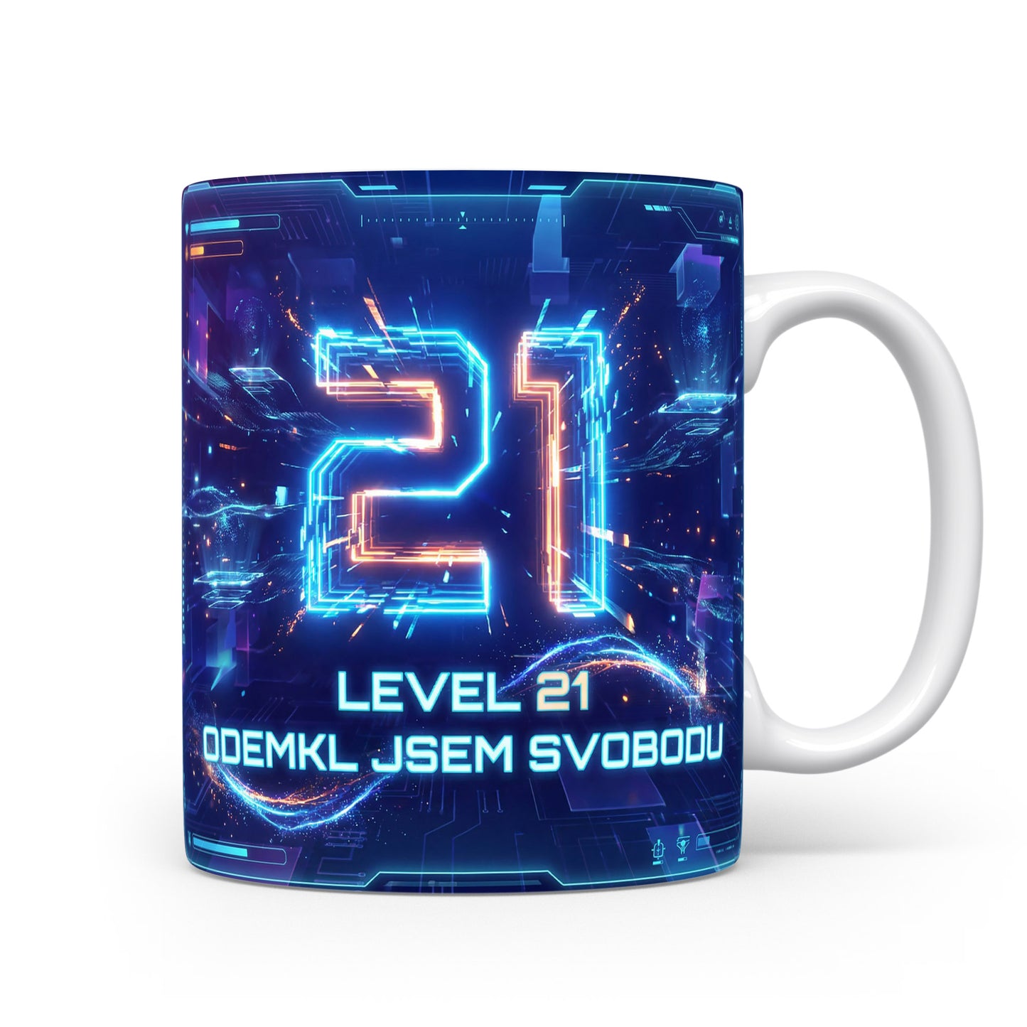 Hrnček s nápisem LEVEL 21 ODEMKL JSEM SVOBODU