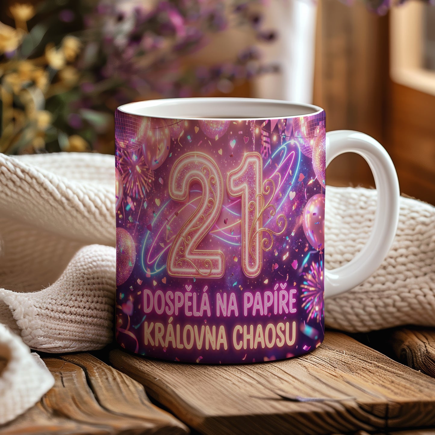 Narozeninový hrnek 21 let – DOSPĚLÁ NA PAPÍŘE KRÁLOVNA CHAOSU