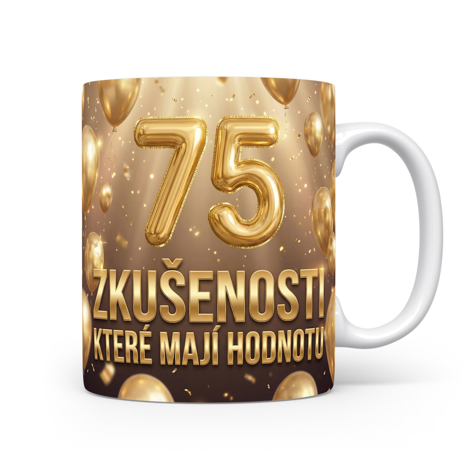 Hrnček s číslem 75 a nápisem ZKUŠENOSTI, KTERÉ MAJÍ HODNOTU