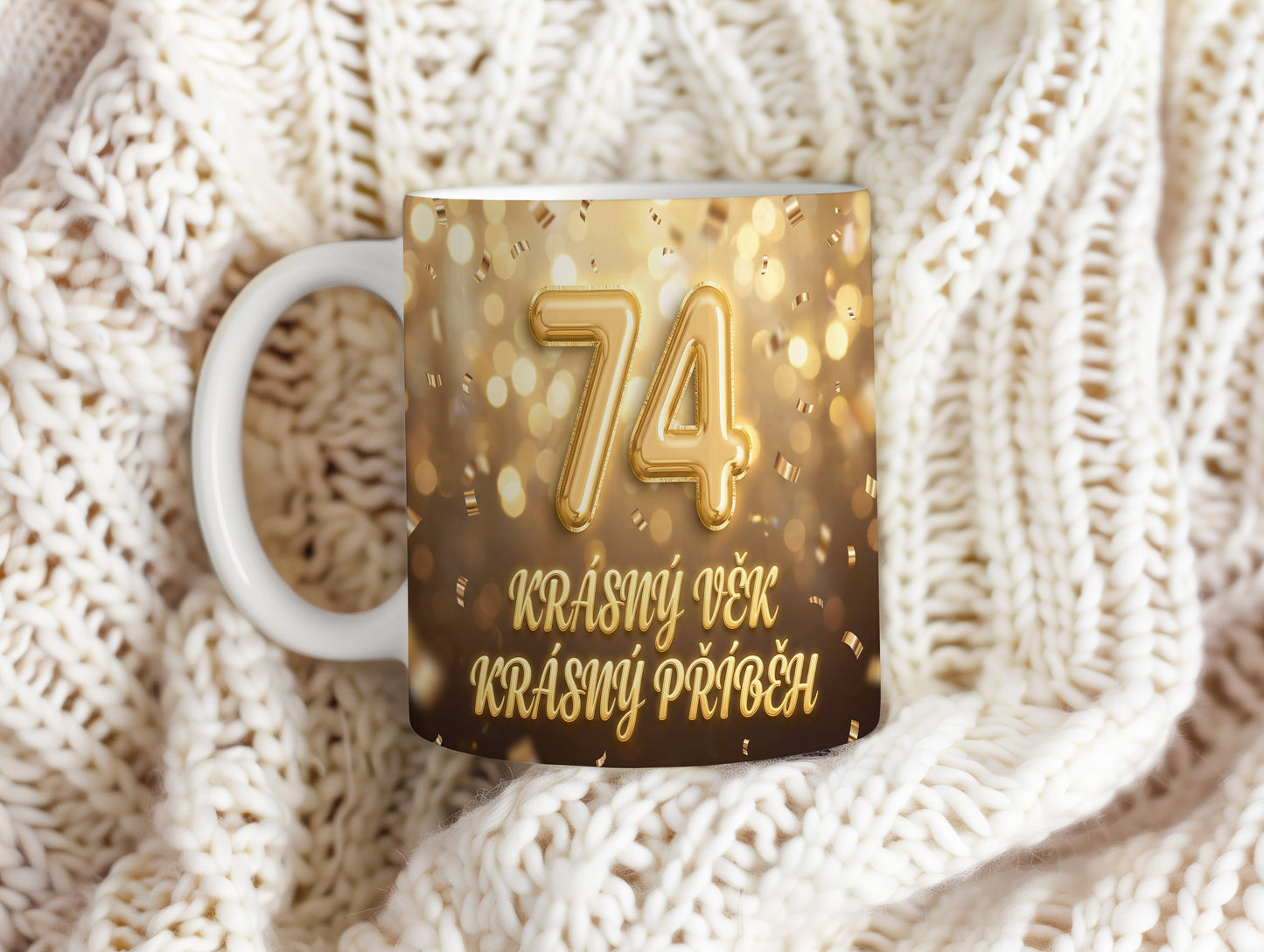 Narozeninový hrnek 74 let – KRÁSNÝ VĚK KRÁSNÝ PŘÍBĚH