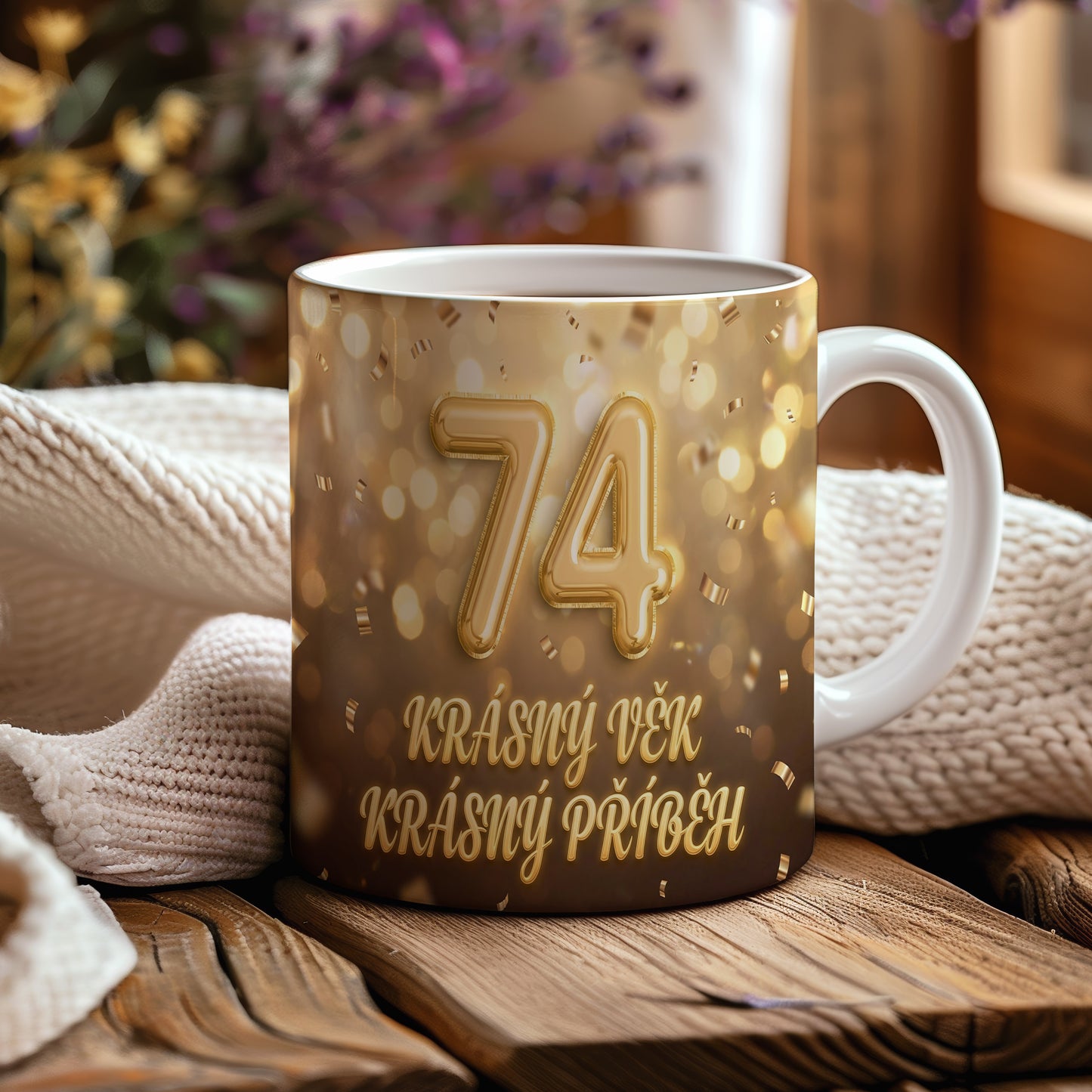 Narozeninový hrnek 74 let – KRÁSNÝ VĚK KRÁSNÝ PŘÍBĚH