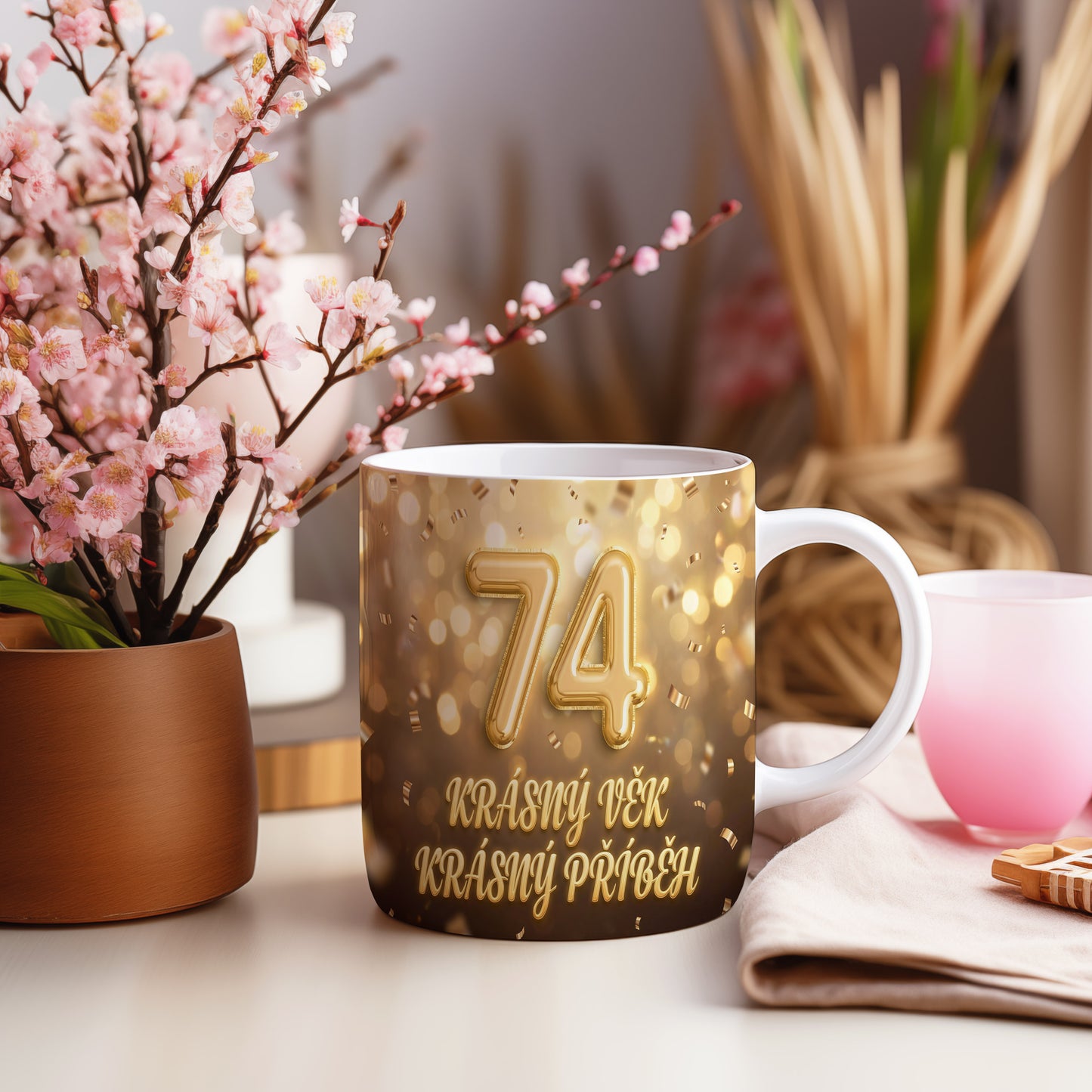 Narozeninový hrnek 74 let – KRÁSNÝ VĚK KRÁSNÝ PŘÍBĚH