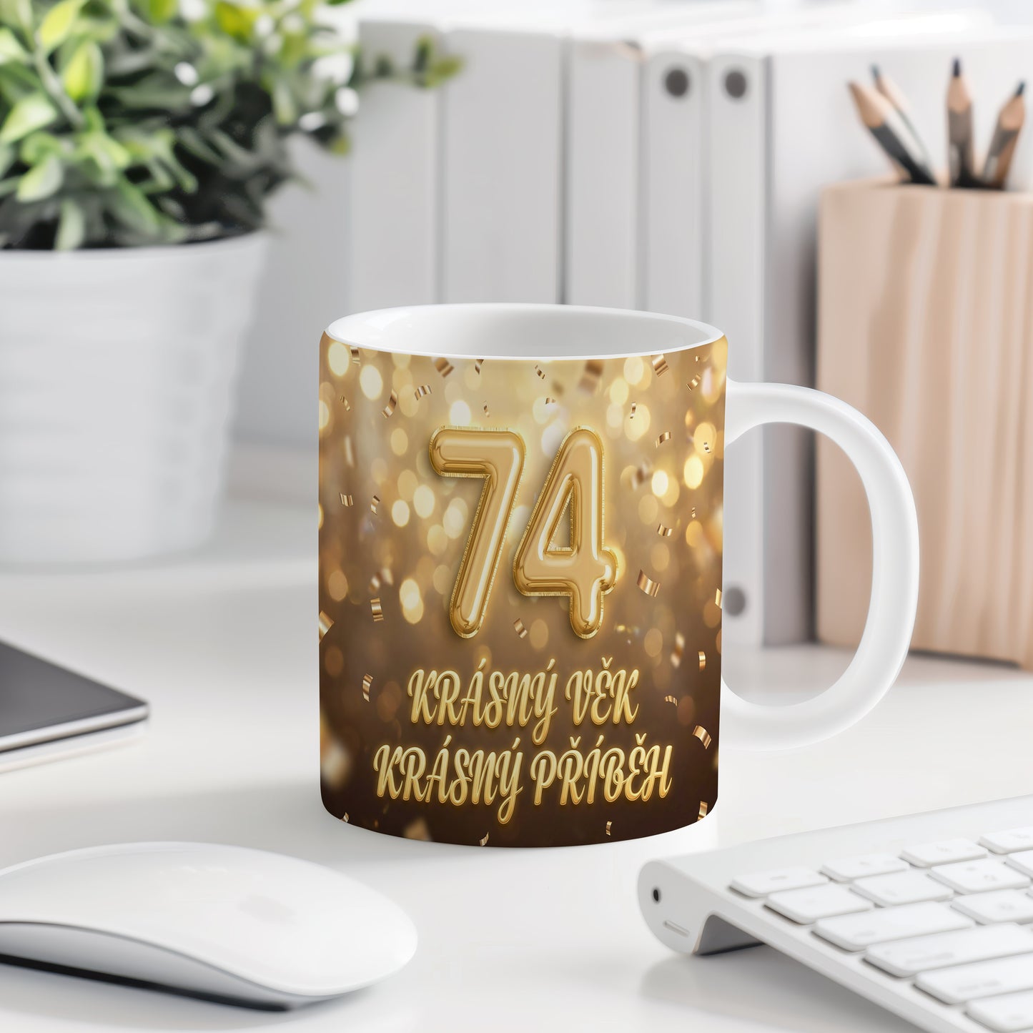 Narozeninový hrnek 74 let – KRÁSNÝ VĚK KRÁSNÝ PŘÍBĚH