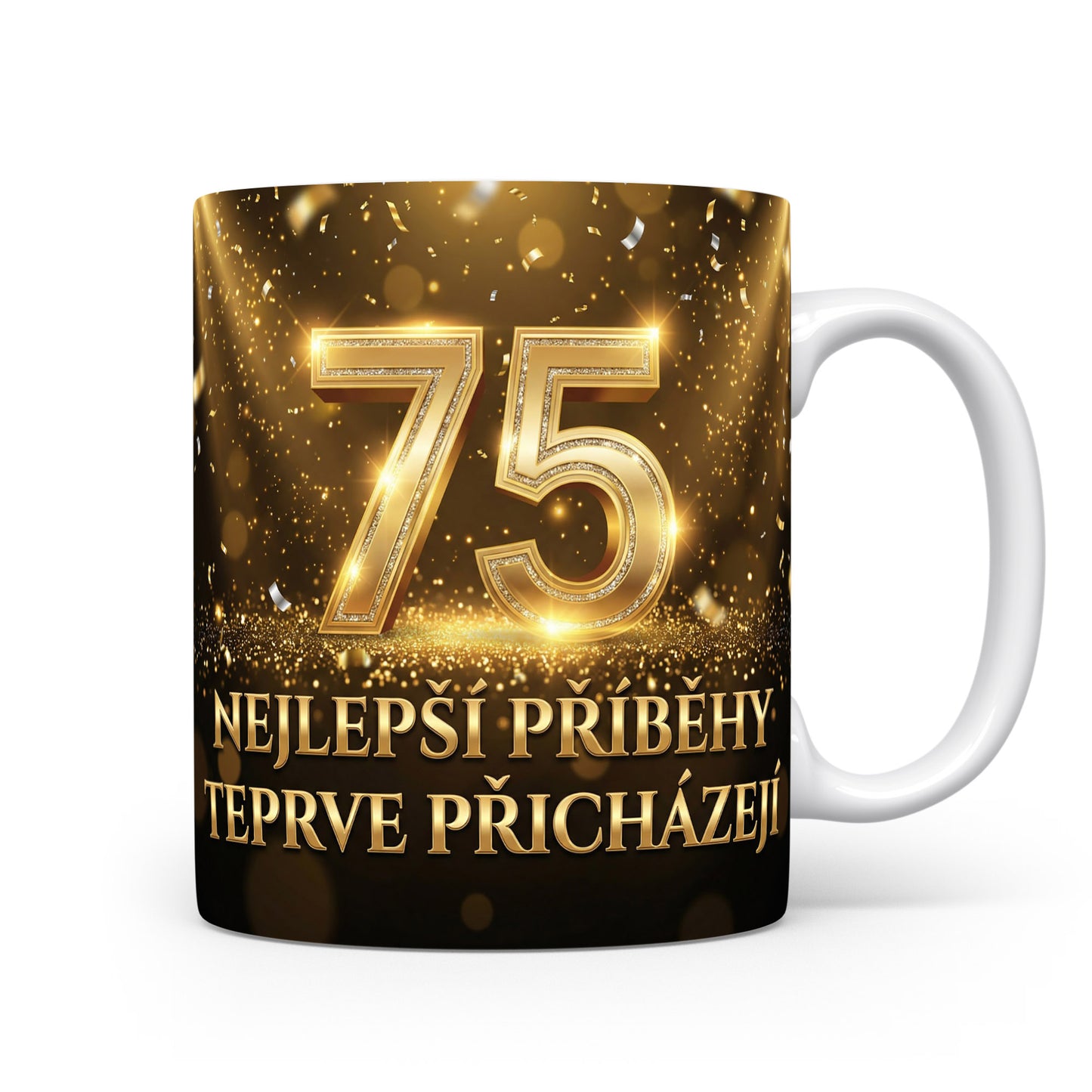 Hnědý hrnek s číslem 75 a nápisem.