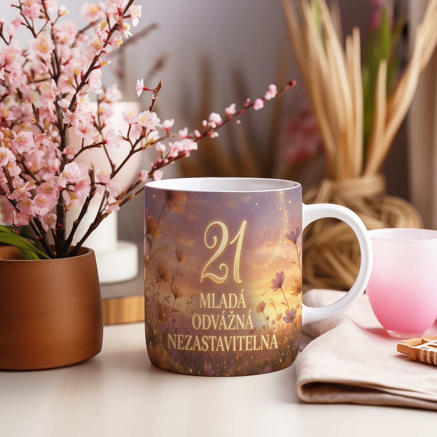 Narozeninový hrnek 21 let – MLADÁ ODVÁŽNÁ NEZASTAVITELNÁ