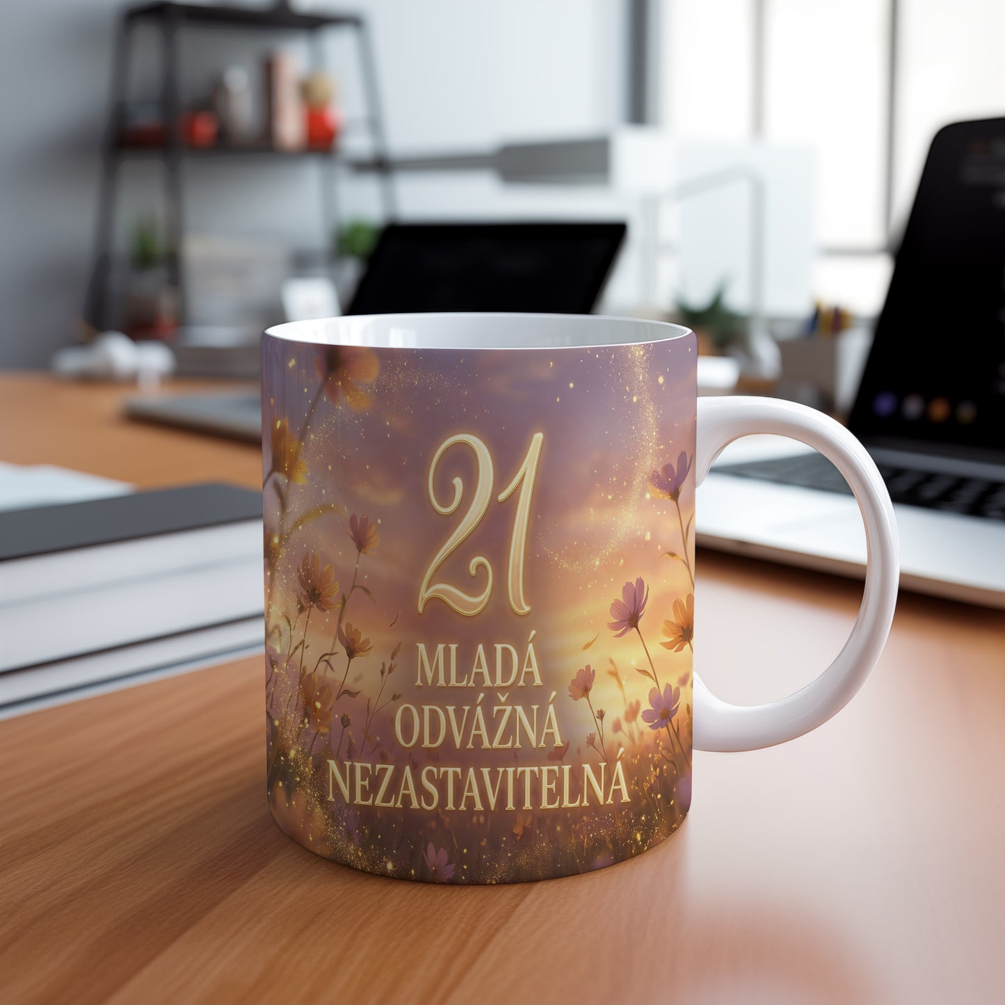 Narozeninový hrnek 21 let – MLADÁ ODVÁŽNÁ NEZASTAVITELNÁ