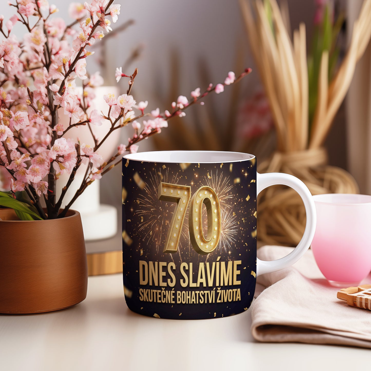 Narozeninový hrnek 70 let – DNES SLAVÍME SKUTEČNÉ BOHATSTVÍ ŽIVOTA