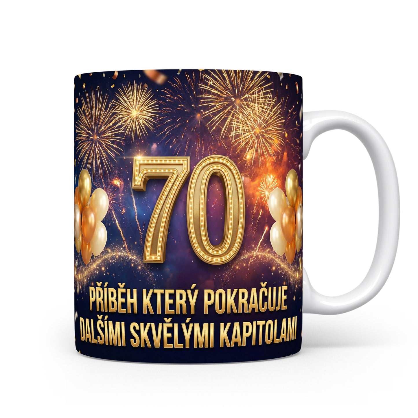 Hrnček s číslem 70 a ohňostrojem