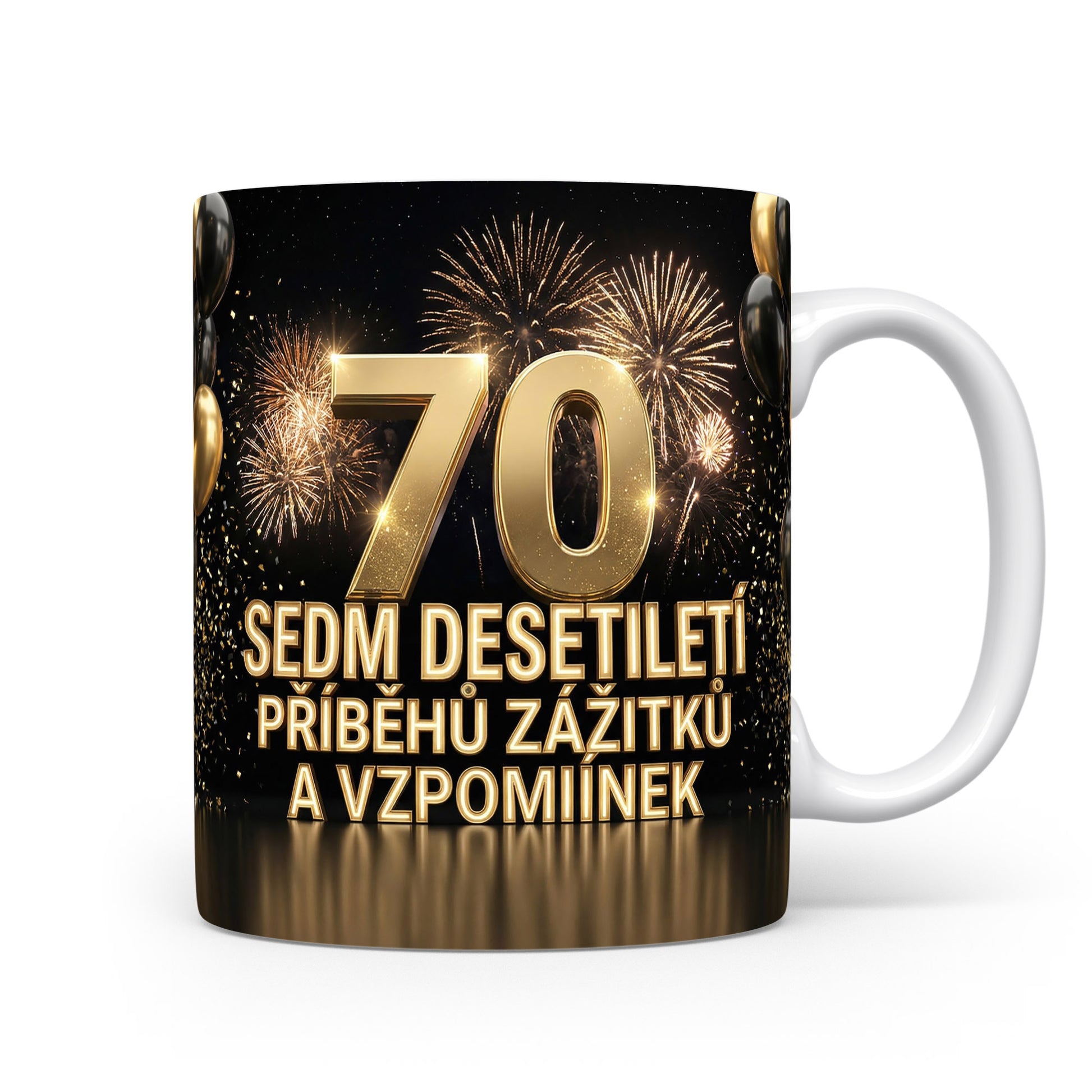 Hrnček s nápisem 70 Sedm desetiletí příběhů zážitků a vzpomínek