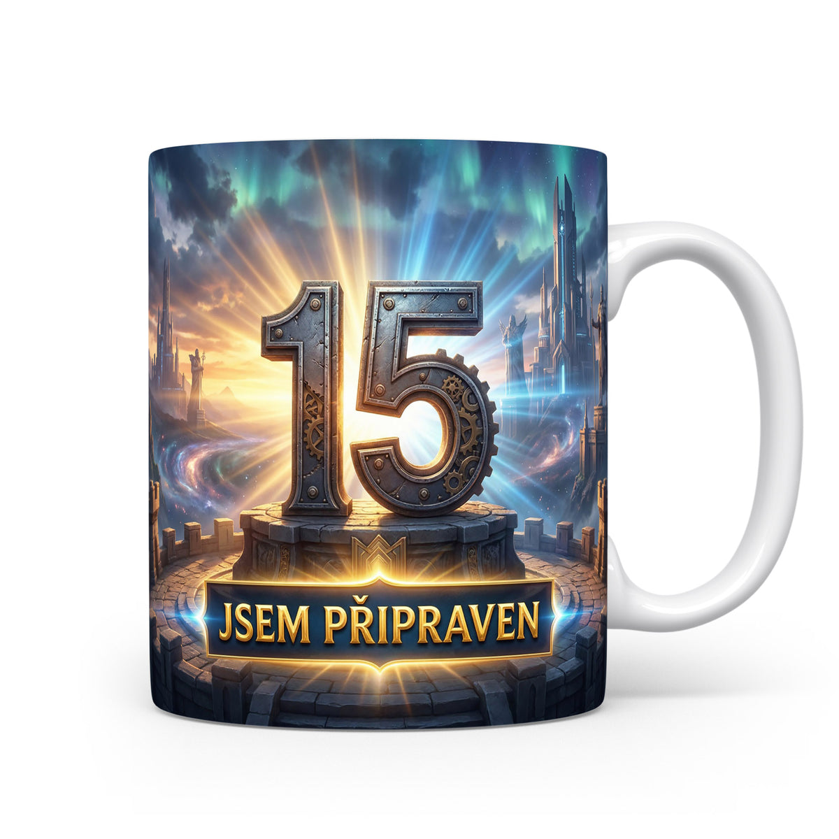 Narozeninový hrnek s číslem 15 a sloganem JSEM PŘIPRAVEN