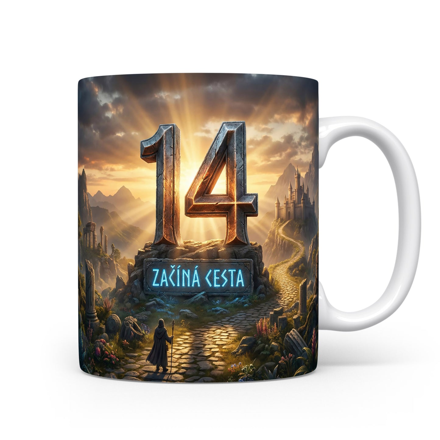 Hrnček s číslem 14 a nápisem ZAČÍNÁ CESTA