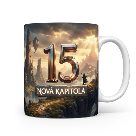 Hrnček s číslem 15 a nápisem Nová kapitola