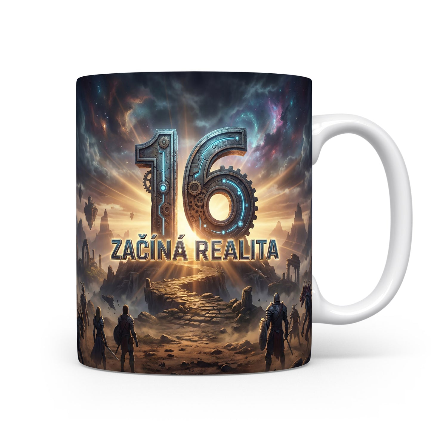 Hrnček s číslem 16 a nápisem ZAČÍNÁ REALITA