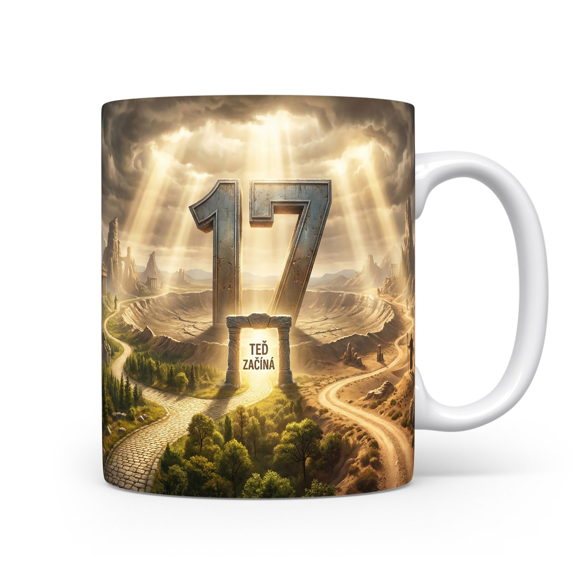 Narozeninový hrnek s číslem 17 a sloganem TEĎ ZAČÍNÁ