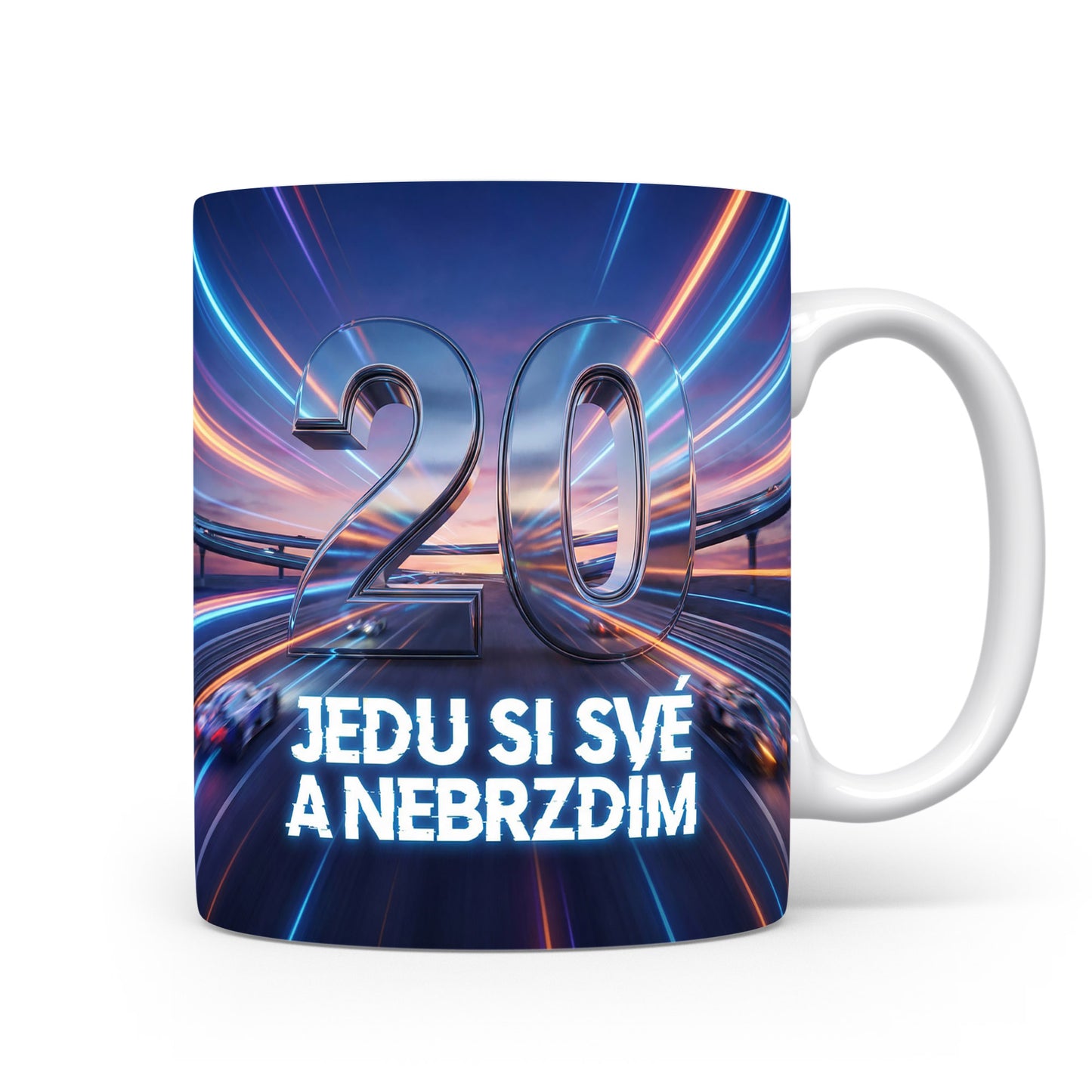 Narozeninový hrnek s číslem 20 a nápisem 'JEDU SI SVÉ A NEBRZDÍM'