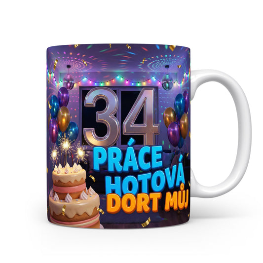 Narozeninový hrnek s číslem 34 a dortem