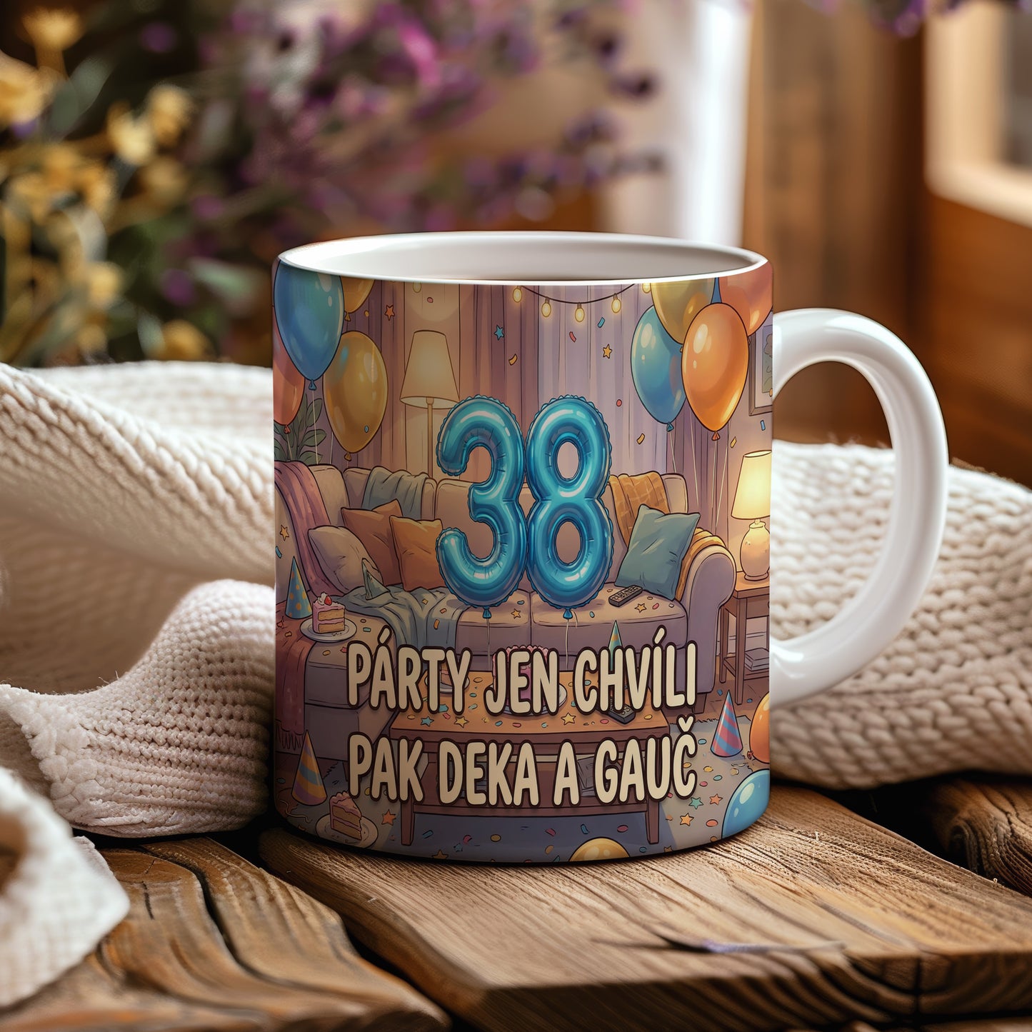 Narozeninový hrnek 38 let – PÁRTY JEN CHVÍLI PAK DEKA A GAUČ