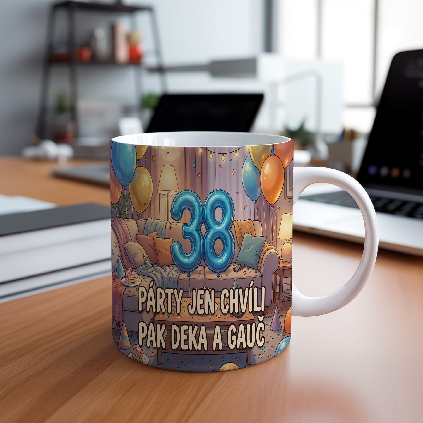 Narozeninový hrnek 38 let – PÁRTY JEN CHVÍLI PAK DEKA A GAUČ