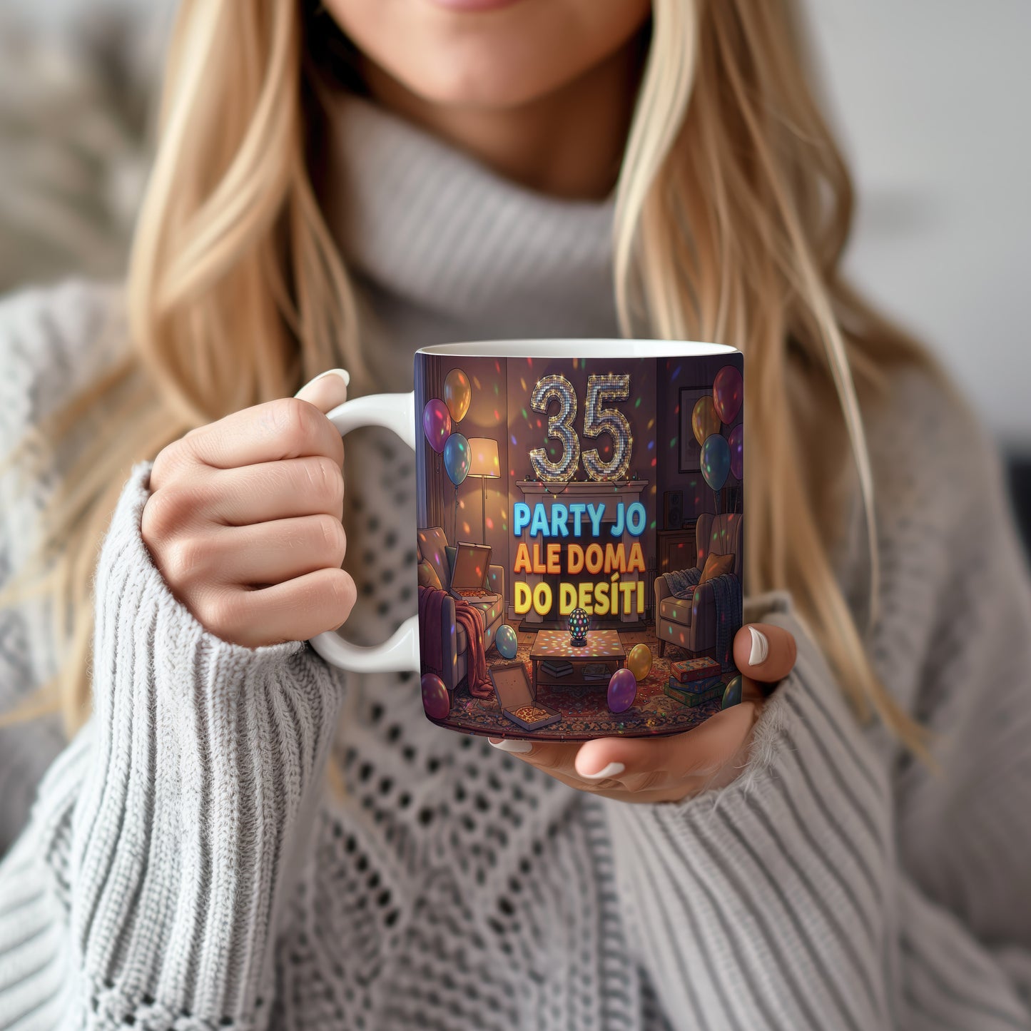 Narozeninový hrnek 35 let – PARTY JO ALE DOMA DO DESÍTI