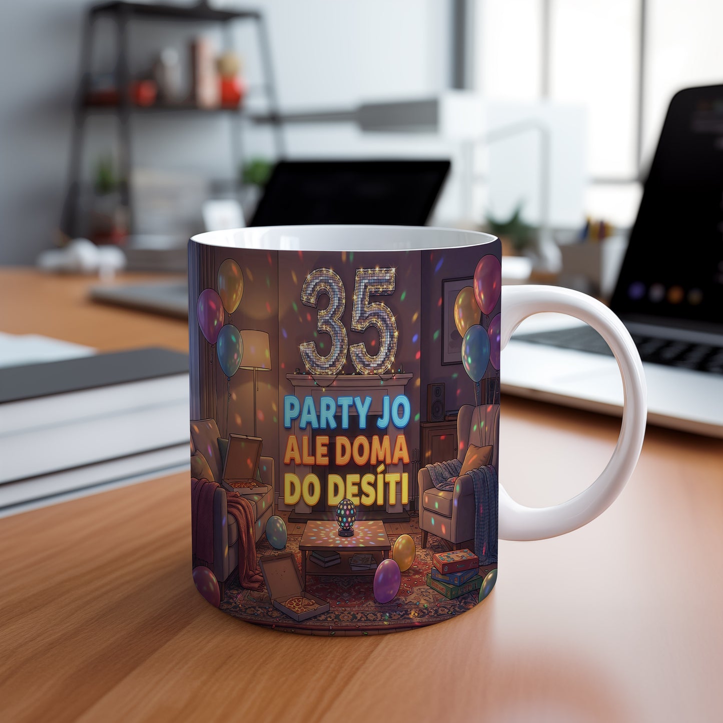Narozeninový hrnek 35 let – PARTY JO ALE DOMA DO DESÍTI