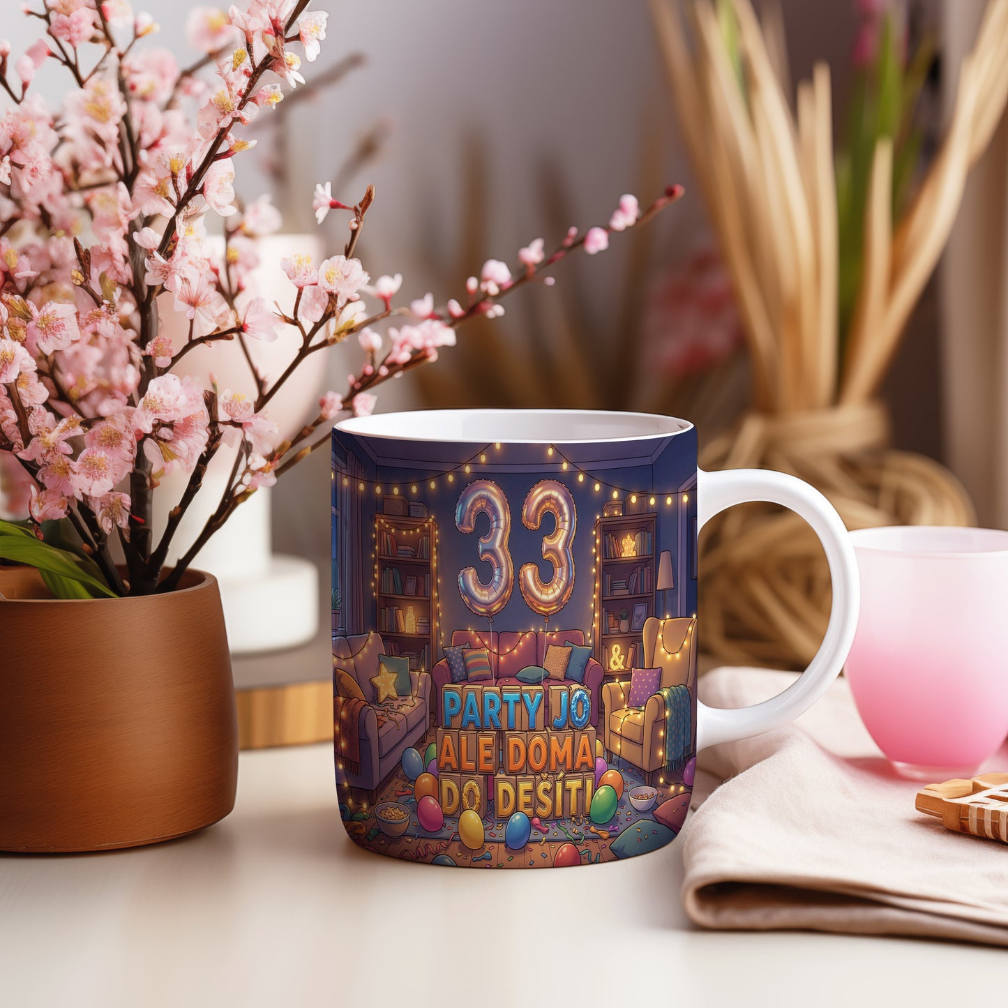 Narozeninový hrnek 33 let – PARTY JO ALE DOMA DO DESETI