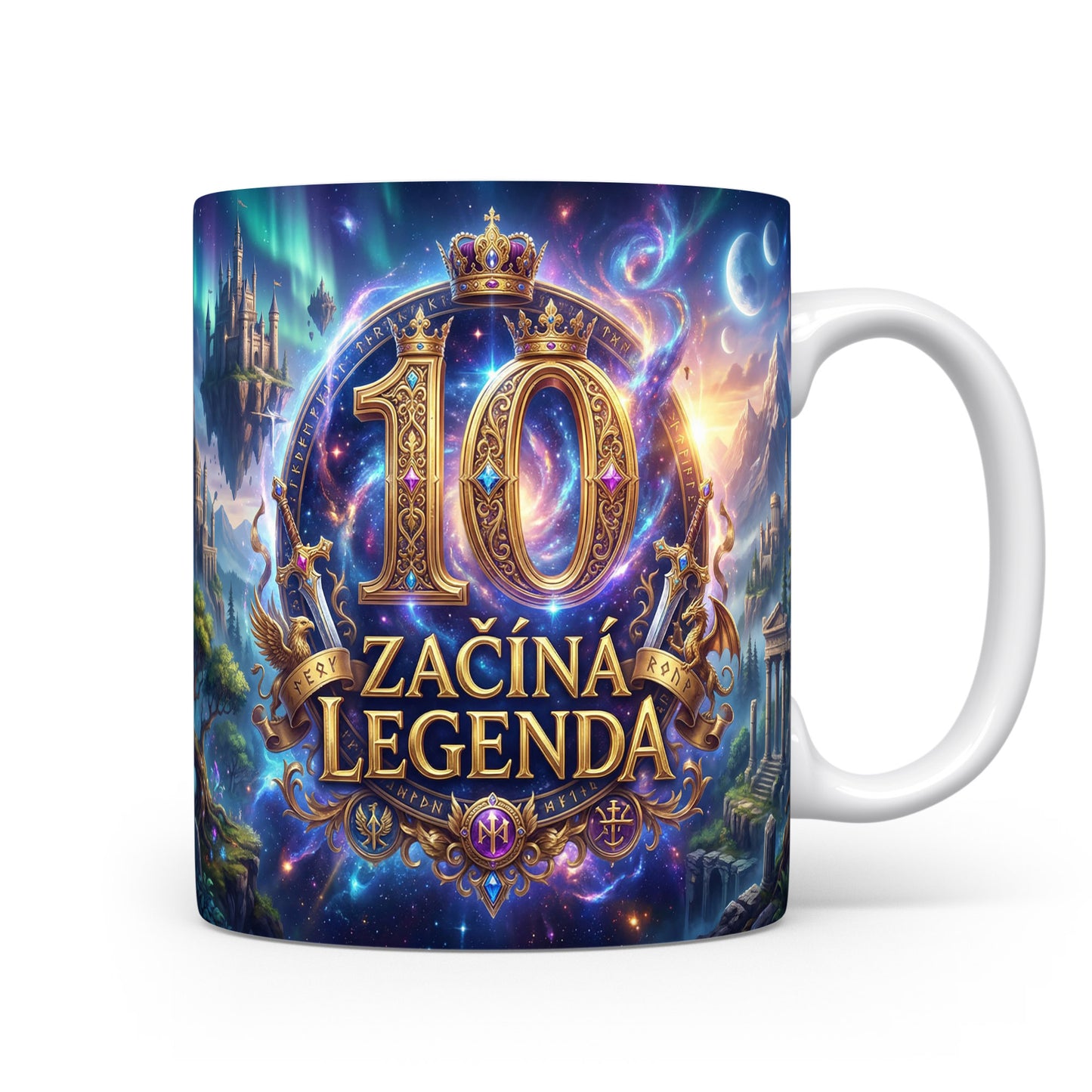 Hrnček s věkem 10 a sloganem 'Začíná legenda'
