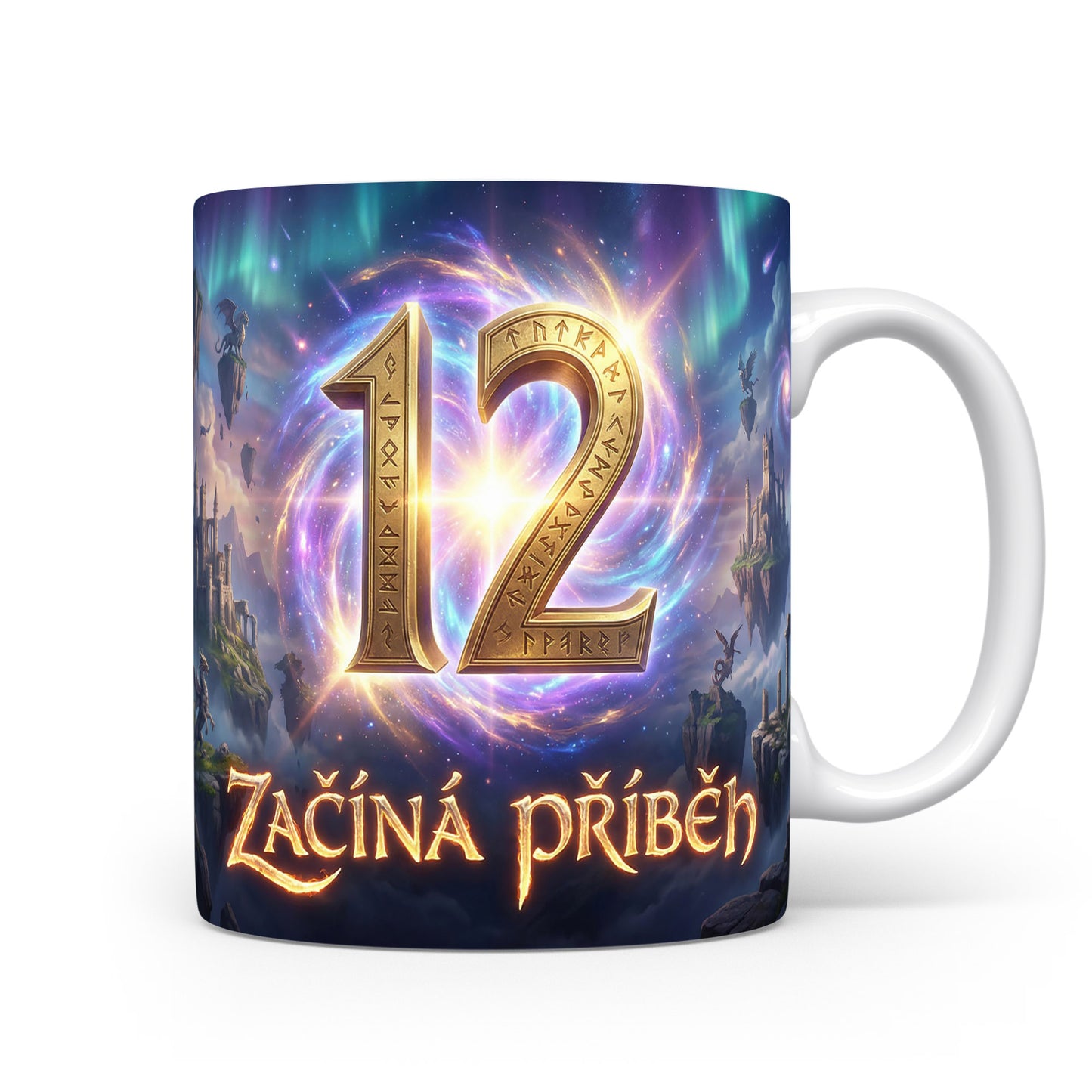 Hrnček s číslem 12 a nápisem ZAČÍNÁ PŘÍBĚH